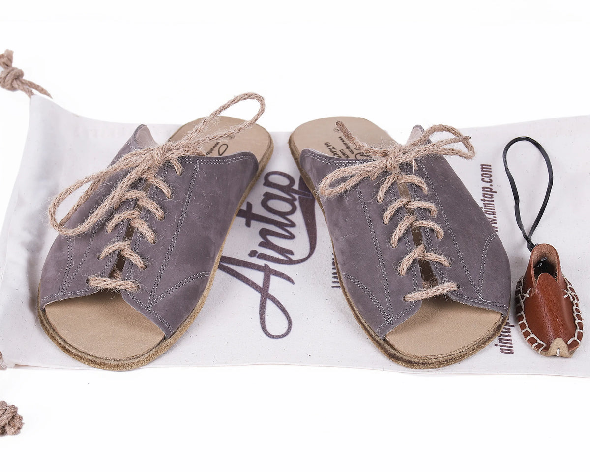 Nubuck Barefoot Laces Sandals Shoes – Classic Sole — Leather Sole – Gray