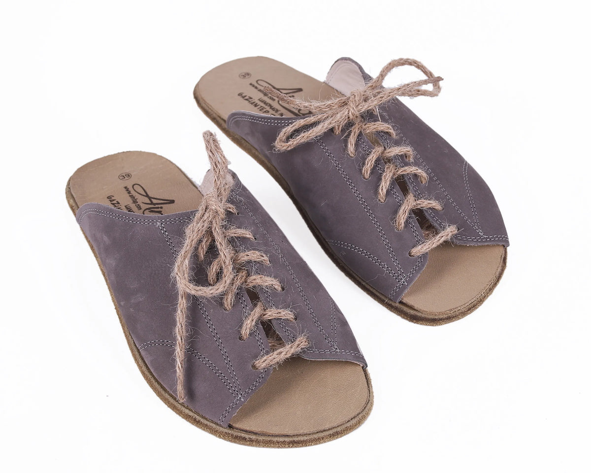 Nubuck Barefoot Laces Sandals Shoes – Classic Sole — Leather Sole – Gray