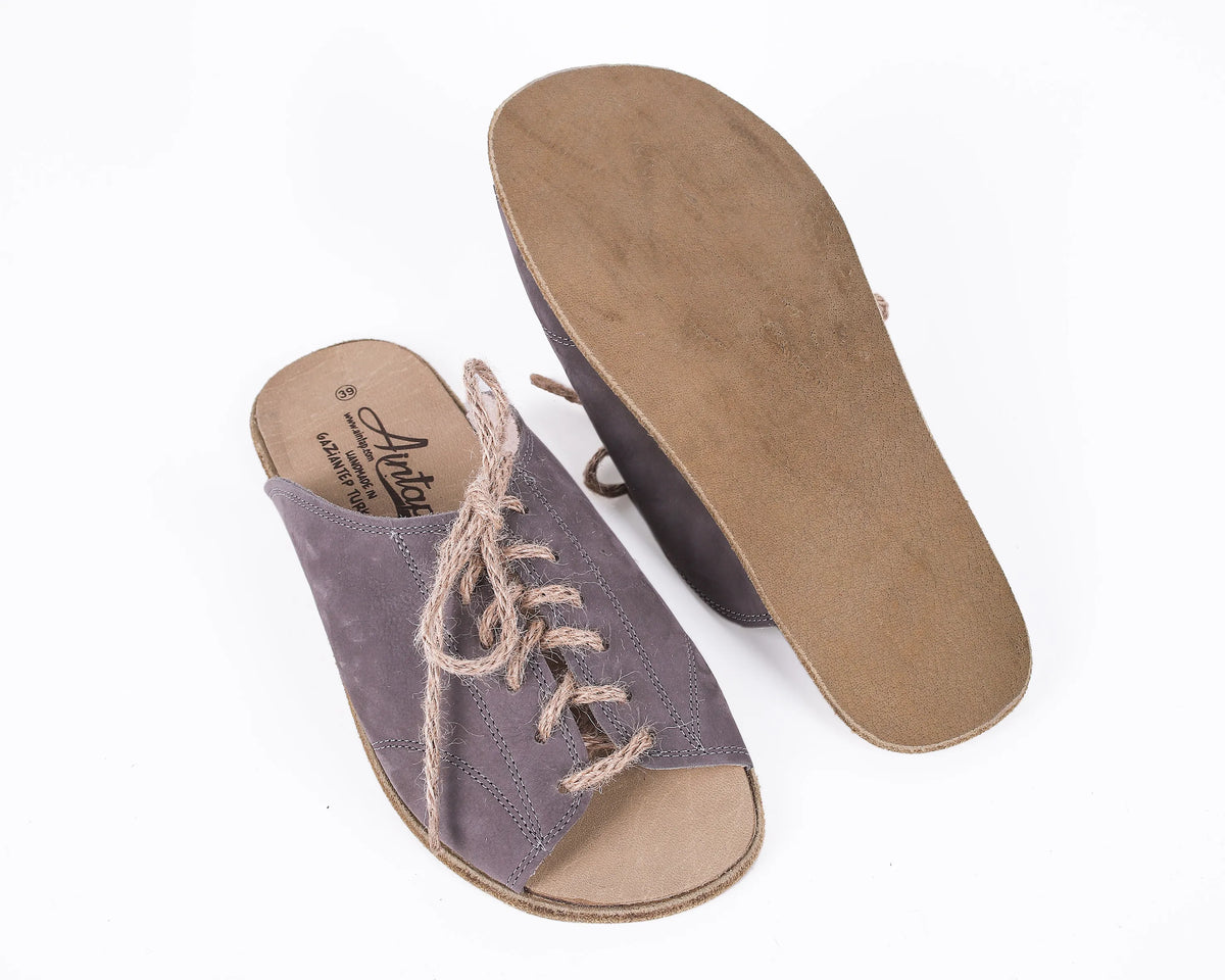 Nubuck Barefoot Laces Sandals Shoes – Classic Sole — Leather Sole – Gray
