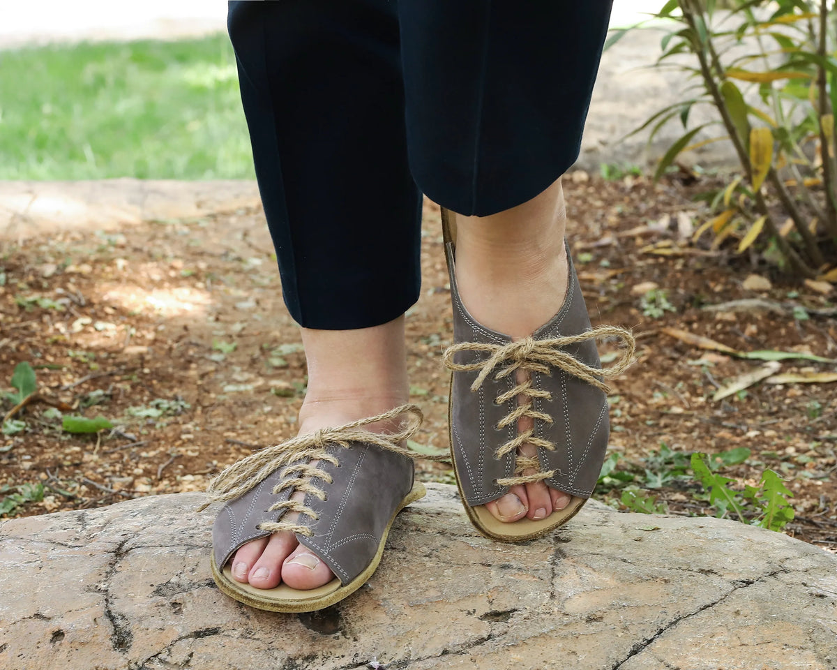Nubuck Barefoot Laces Sandals Shoes – Classic Sole — Leather Sole – Gray