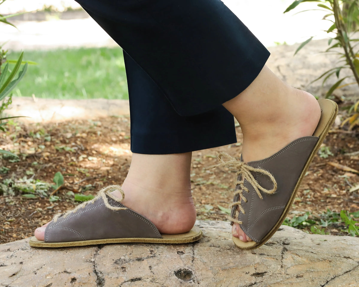 Nubuck Barefoot Laces Sandals Shoes – Classic Sole — Leather Sole – Gray