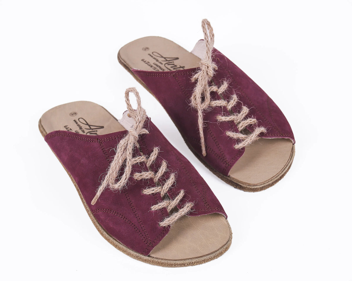 Nubuck Barefoot Laces Sandals Shoes – Classic Sole — Leather Sole – Burgundy