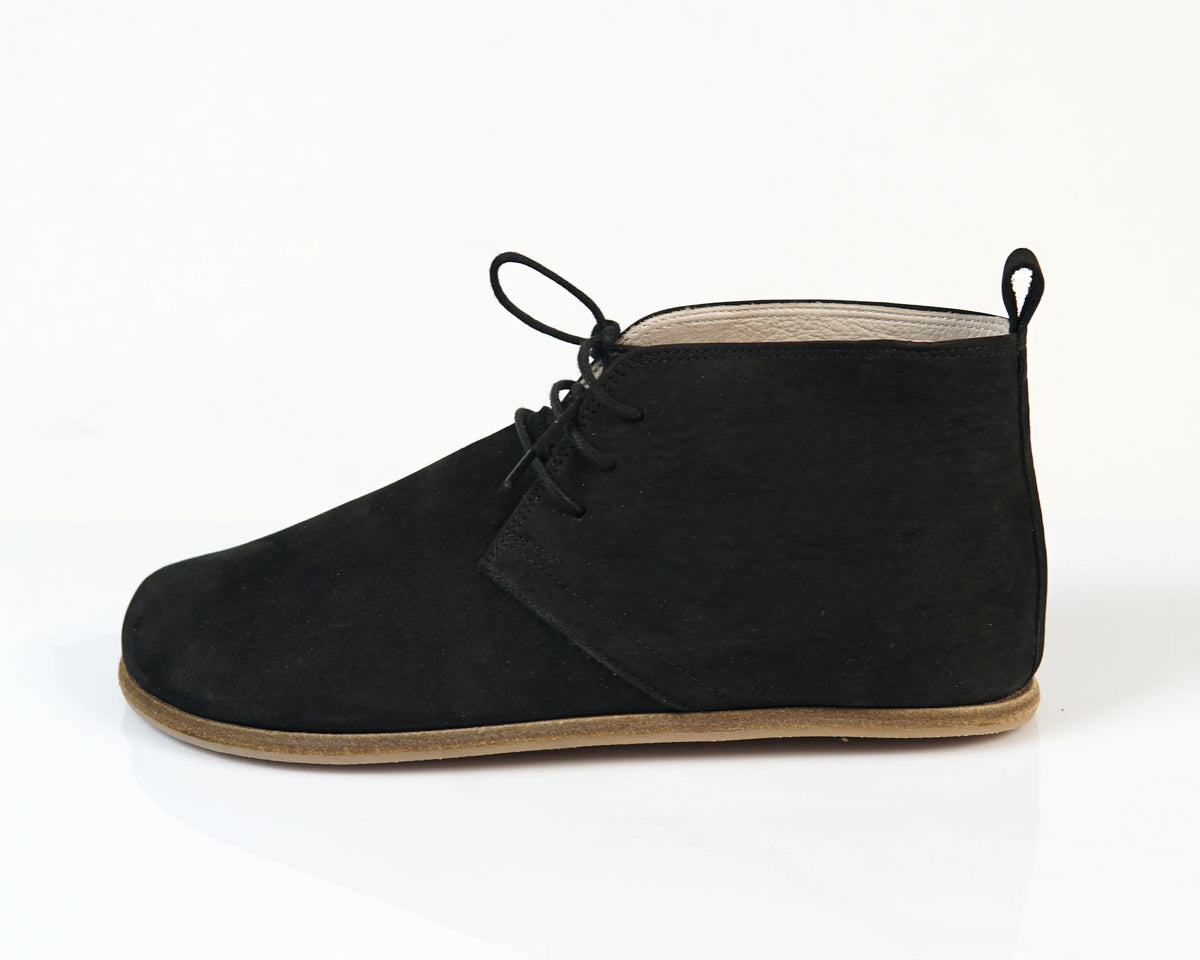 Nubuck Barefoot Bootie Laces Shoes – Classic Sole — Leather Sole – Black