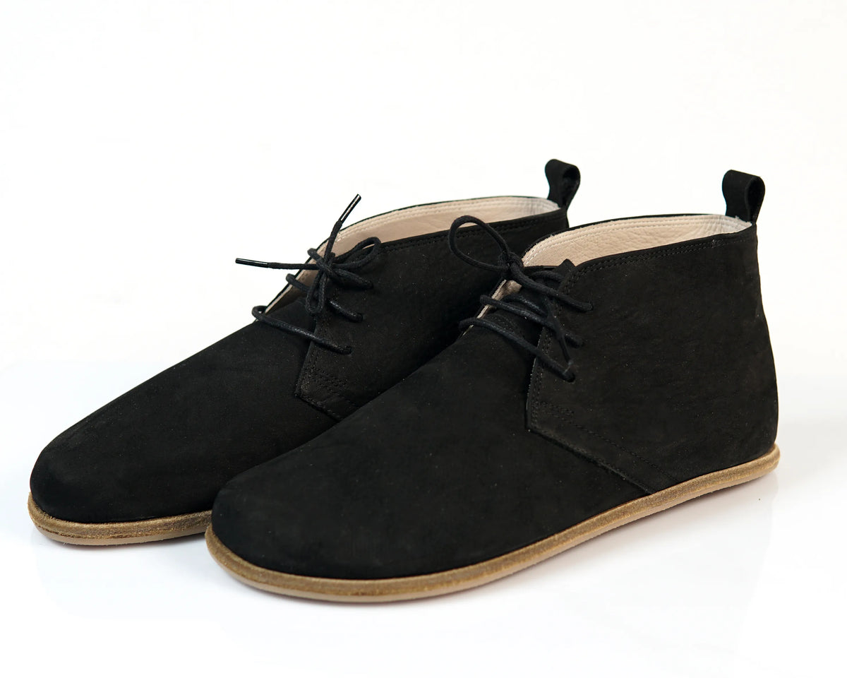 Nubuck Barefoot Bootie Laces Shoes – Classic Sole — Leather Sole – Black