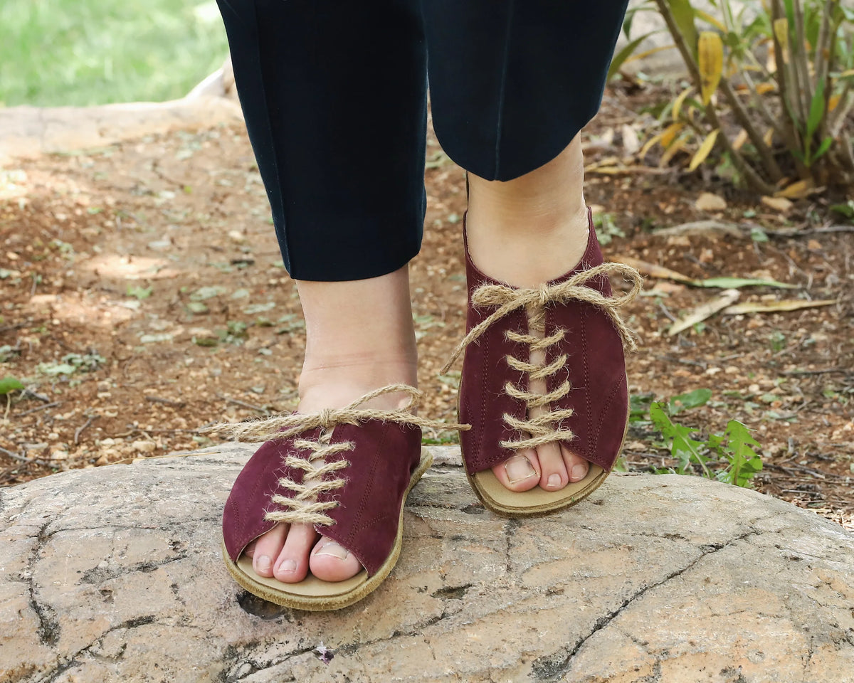 Nubuck Barefoot Laces Sandals Shoes – Classic Sole — Leather Sole – Burgundy