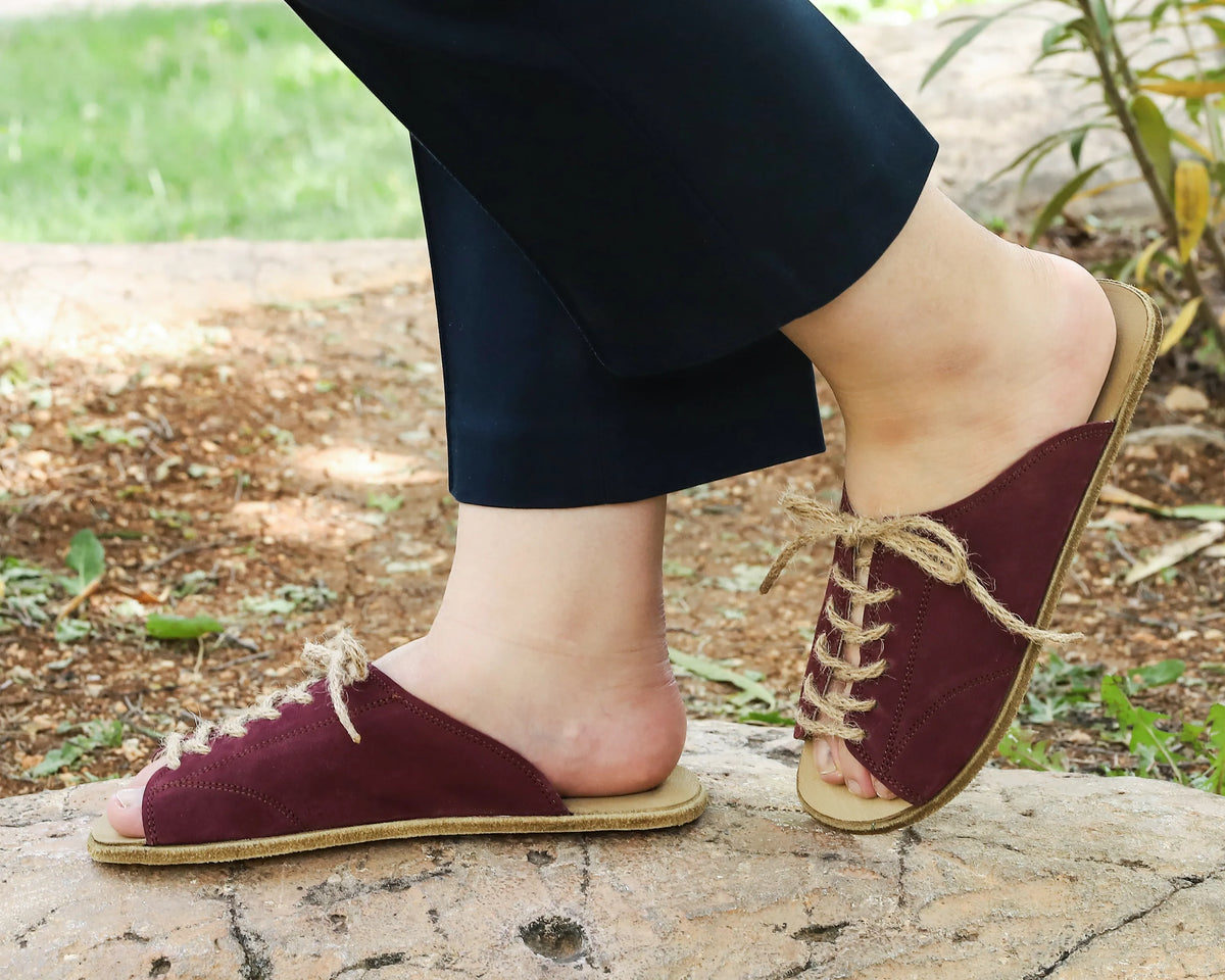 Nubuck Barefoot Laces Sandals Shoes – Classic Sole — Leather Sole – Burgundy