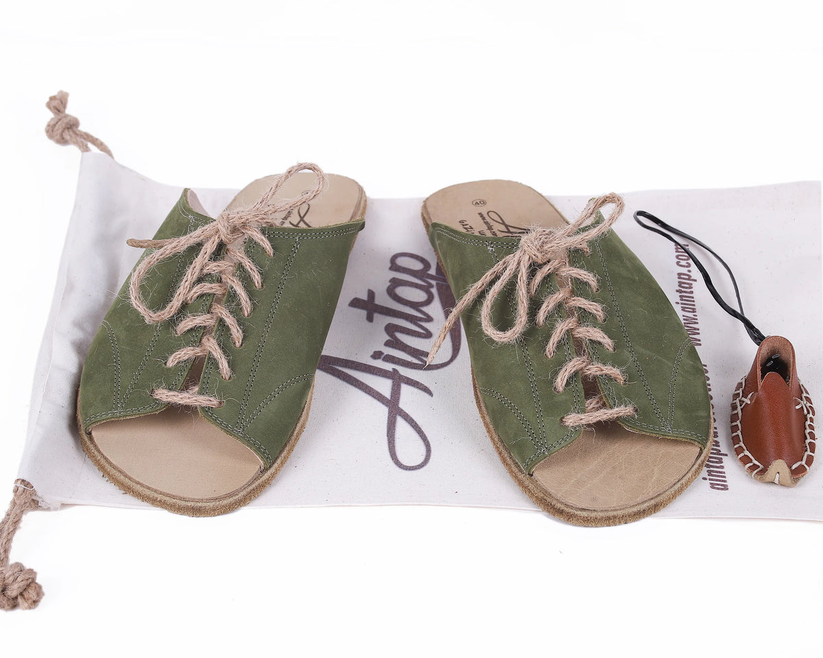 Nubuck Barefoot Laces Sandals Shoes – Classic Sole — Leather Sole – Green