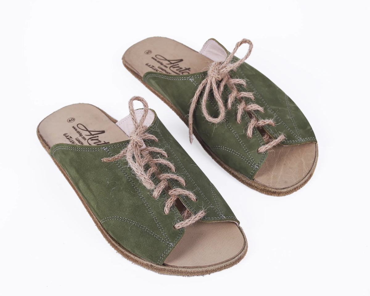 Nubuck Barefoot Laces Sandals Shoes – Classic Sole — Leather Sole – Green