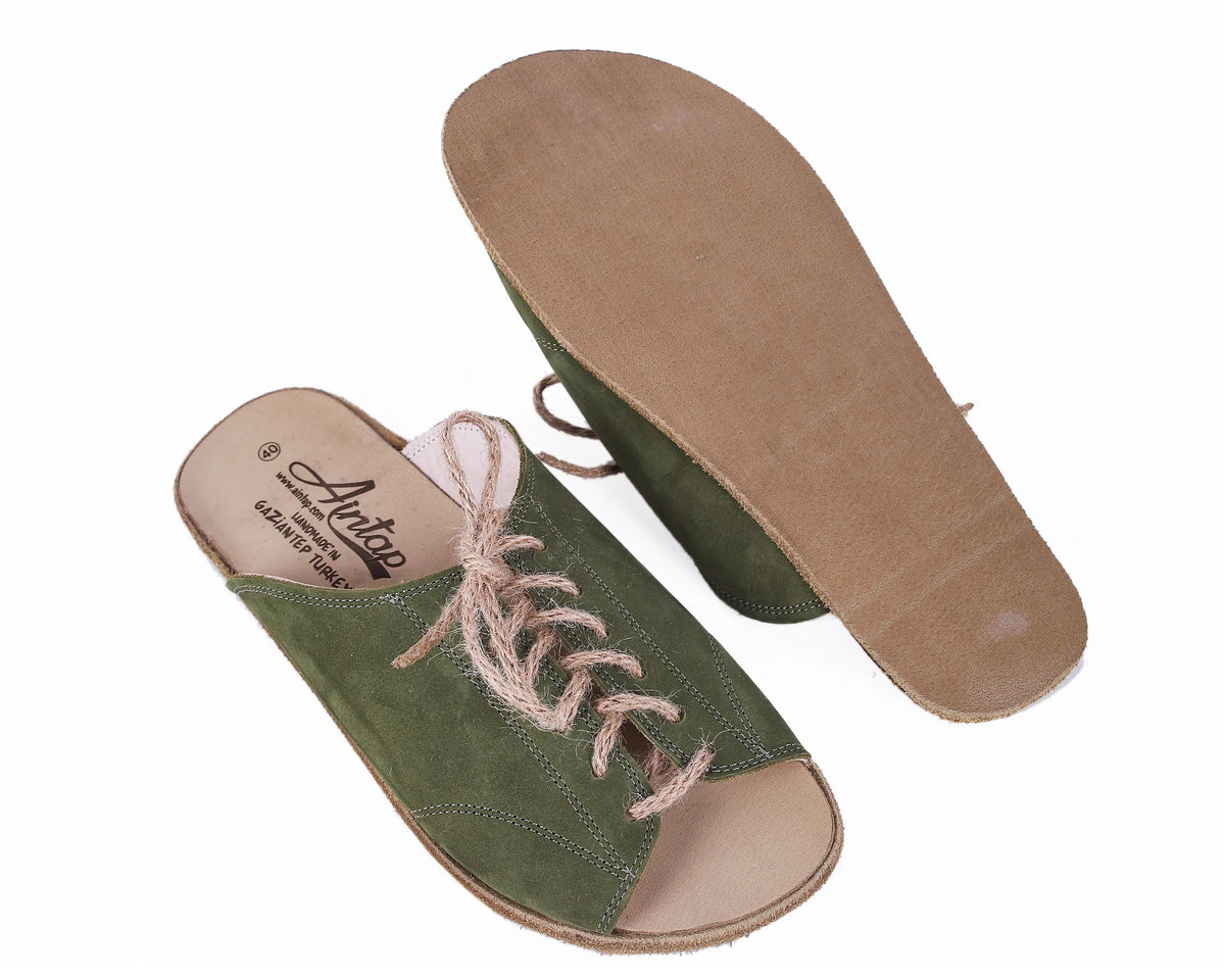 Nubuck Barefoot Laces Sandals Shoes – Classic Sole — Leather Sole – Green