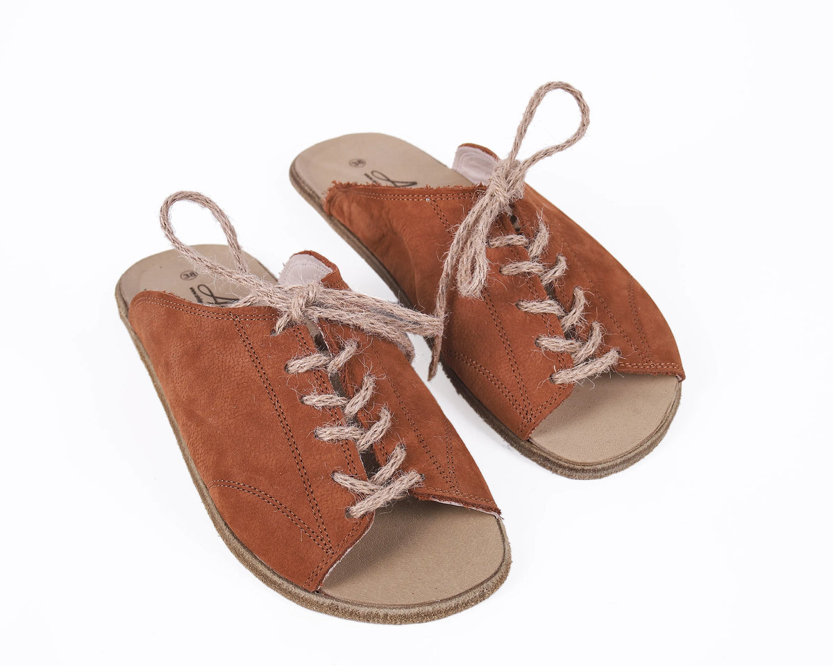 Nubuck Barefoot Laces Sandals Shoes – Classic Sole — Leather Sole – Tan