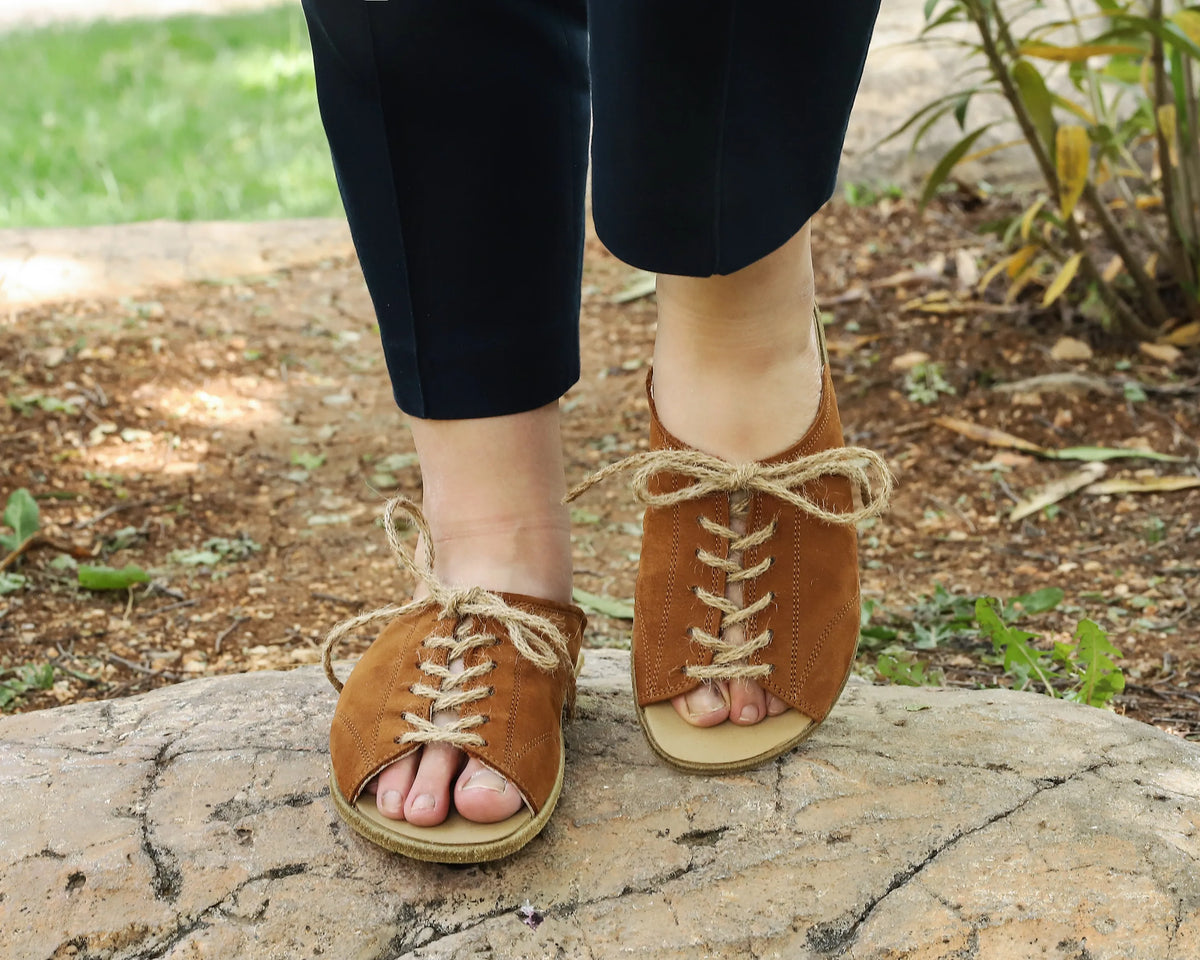 Nubuck Barefoot Laces Sandals Shoes – Classic Sole — Leather Sole – Tan