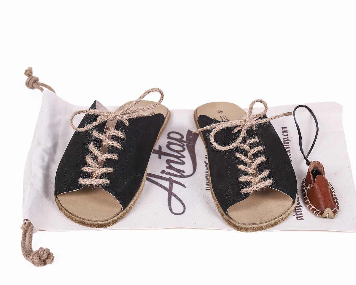 Nubuck Barefoot Laces Sandals Shoes – Classic Sole — Leather Sole – Black
