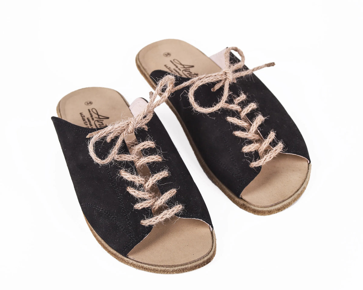 Nubuck Barefoot Laces Sandals Shoes – Classic Sole — Leather Sole – Black