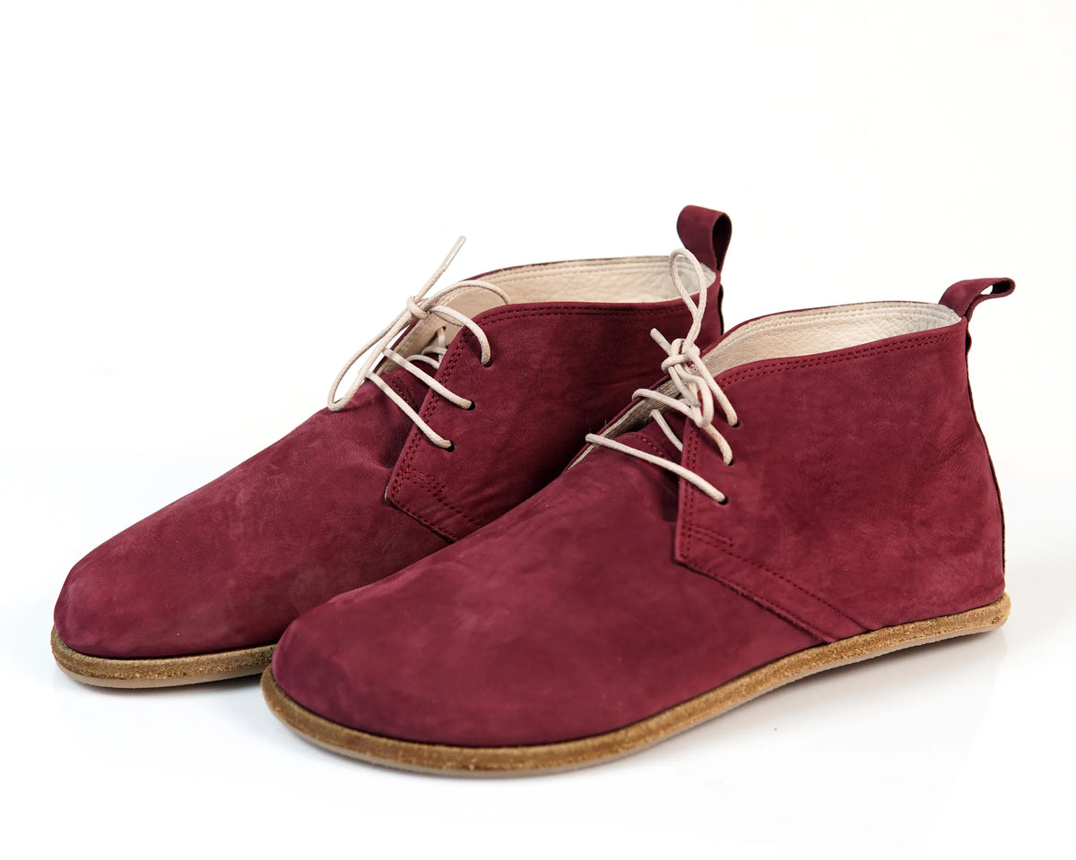 Nubuck Barefoot Bootie Laces Shoes – Classic Sole — Leather Sole – Burgundy
