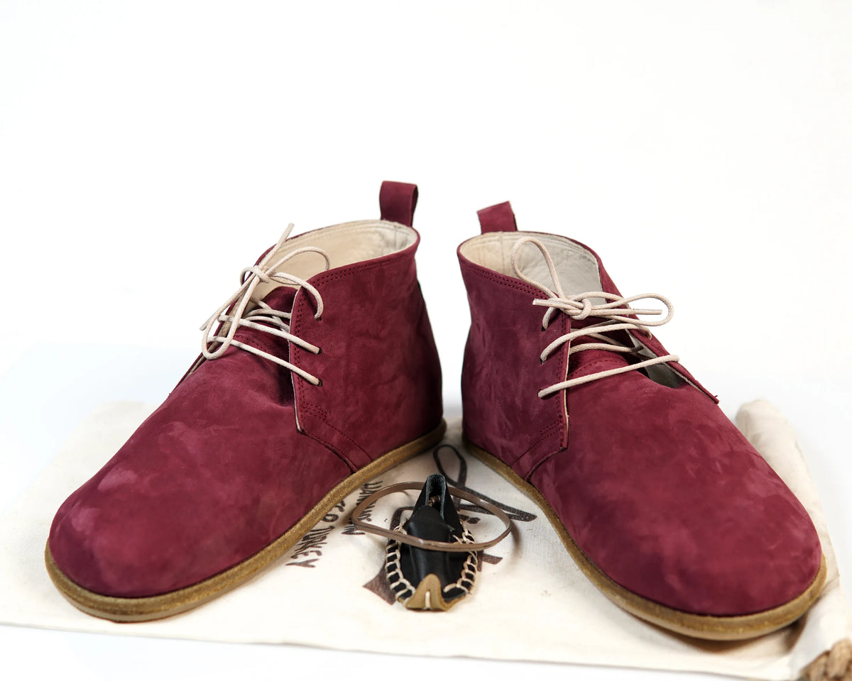 Nubuck Barefoot Bootie Laces Shoes – Classic Sole — Leather Sole – Burgundy