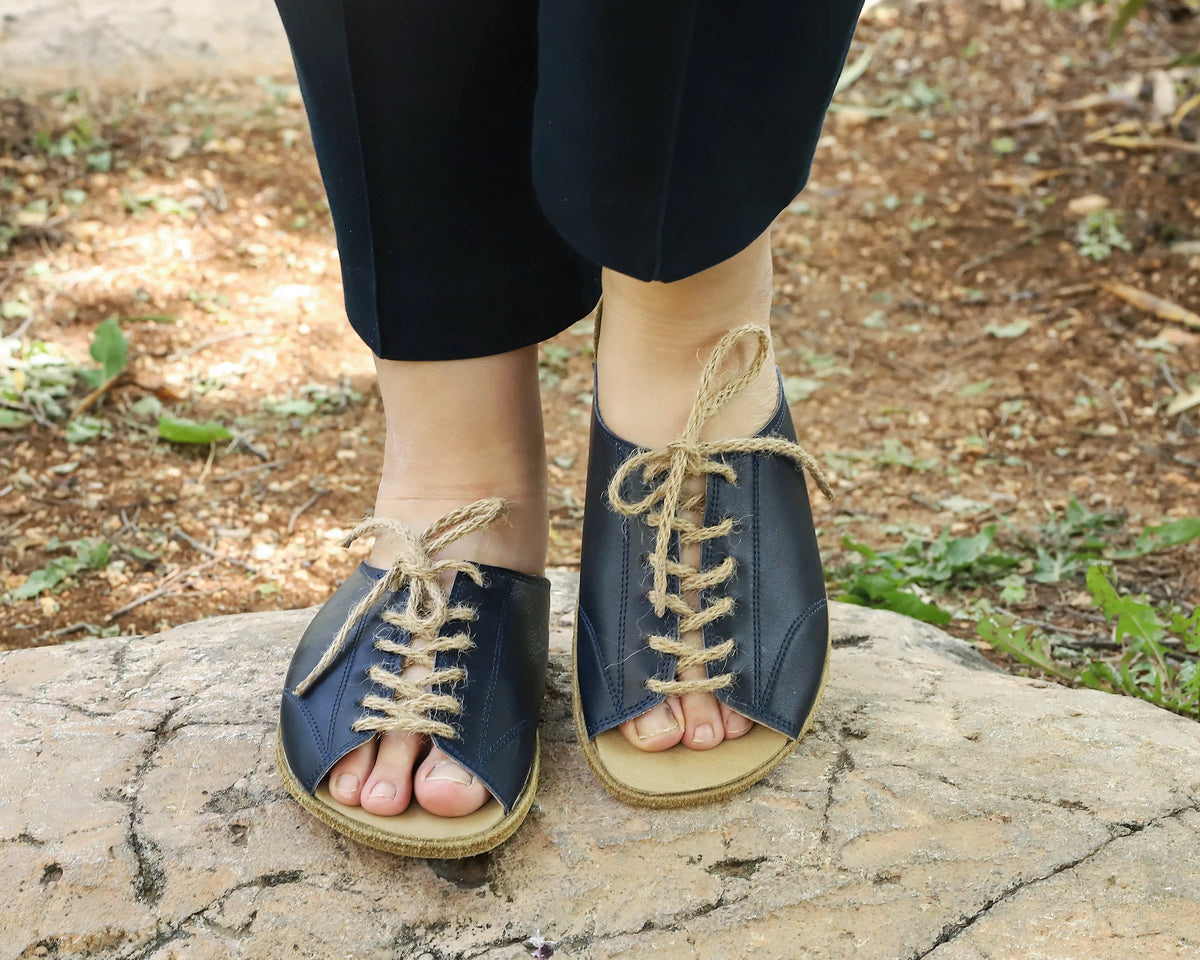 Smooth Barefoot Laces Sandals Shoes – Classic Sole — Leather Sole – Navy Blue