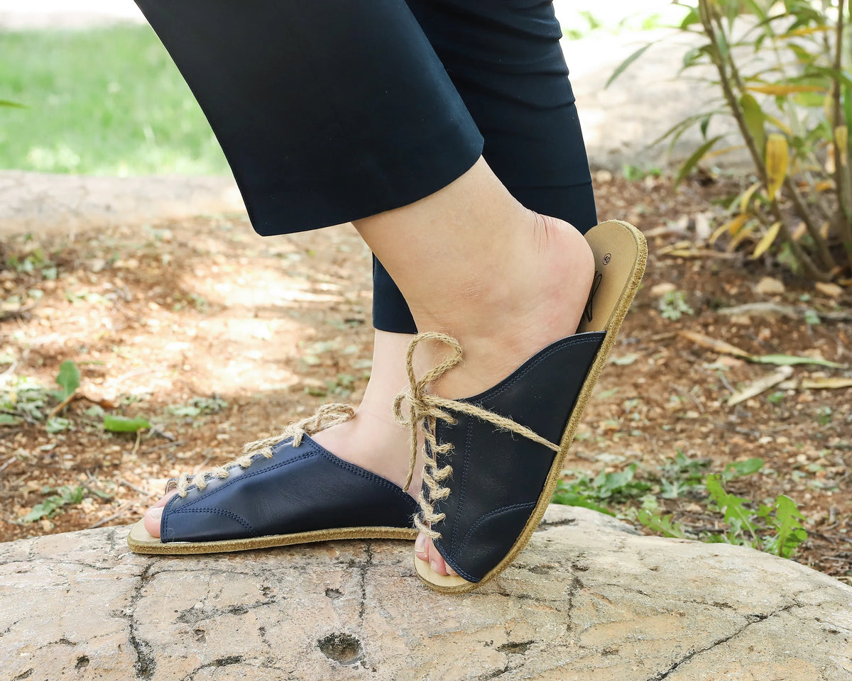 Smooth Barefoot Laces Sandals Shoes – Classic Sole — Leather Sole – Navy Blue