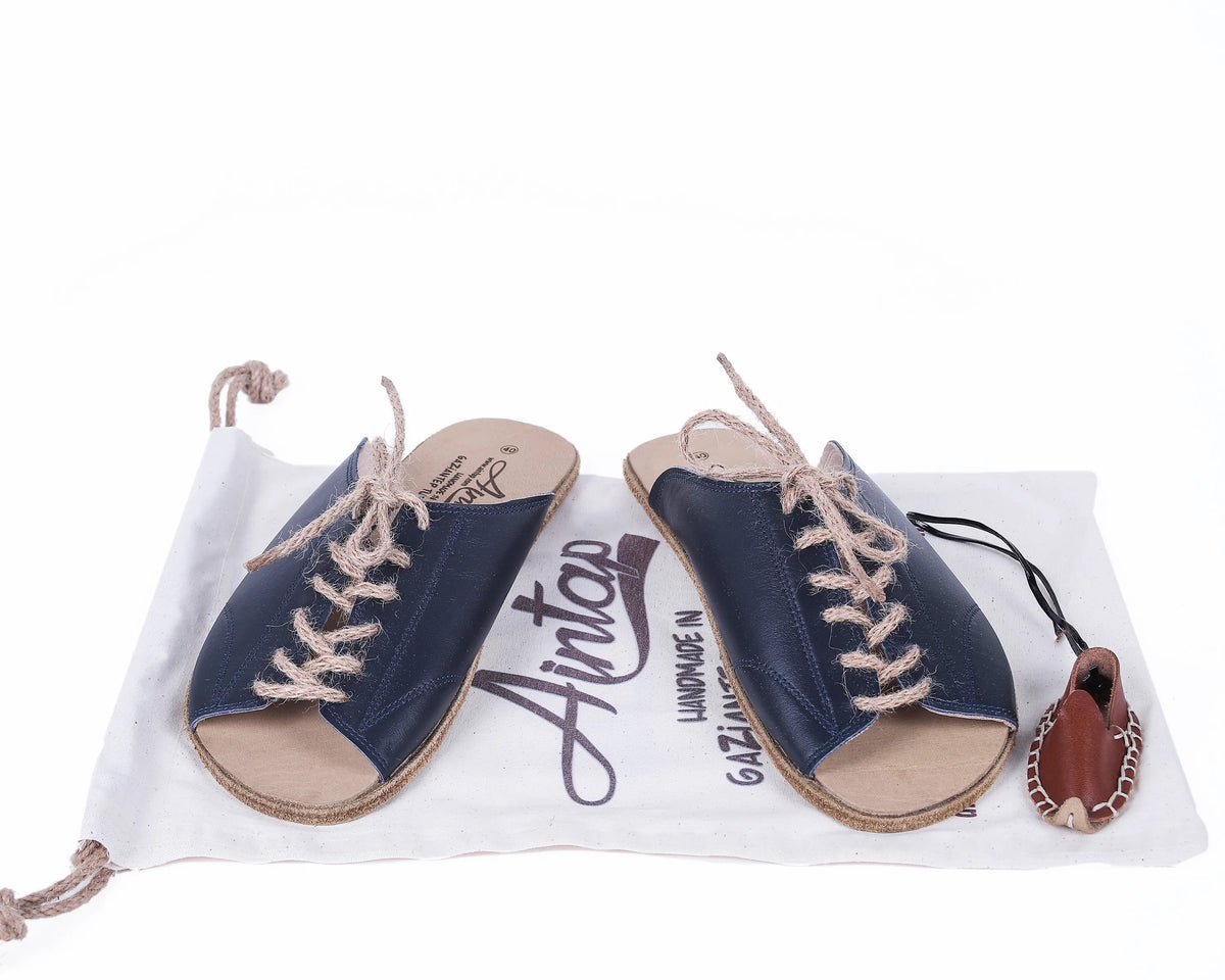 Smooth Barefoot Laces Sandals Shoes – Classic Sole — Leather Sole – Navy Blue
