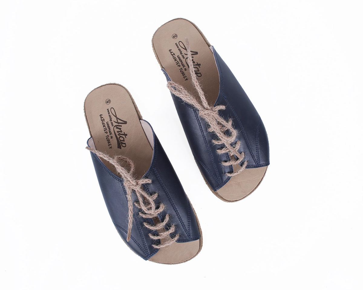 Smooth Barefoot Laces Sandals Shoes – Classic Sole — Leather Sole – Navy Blue