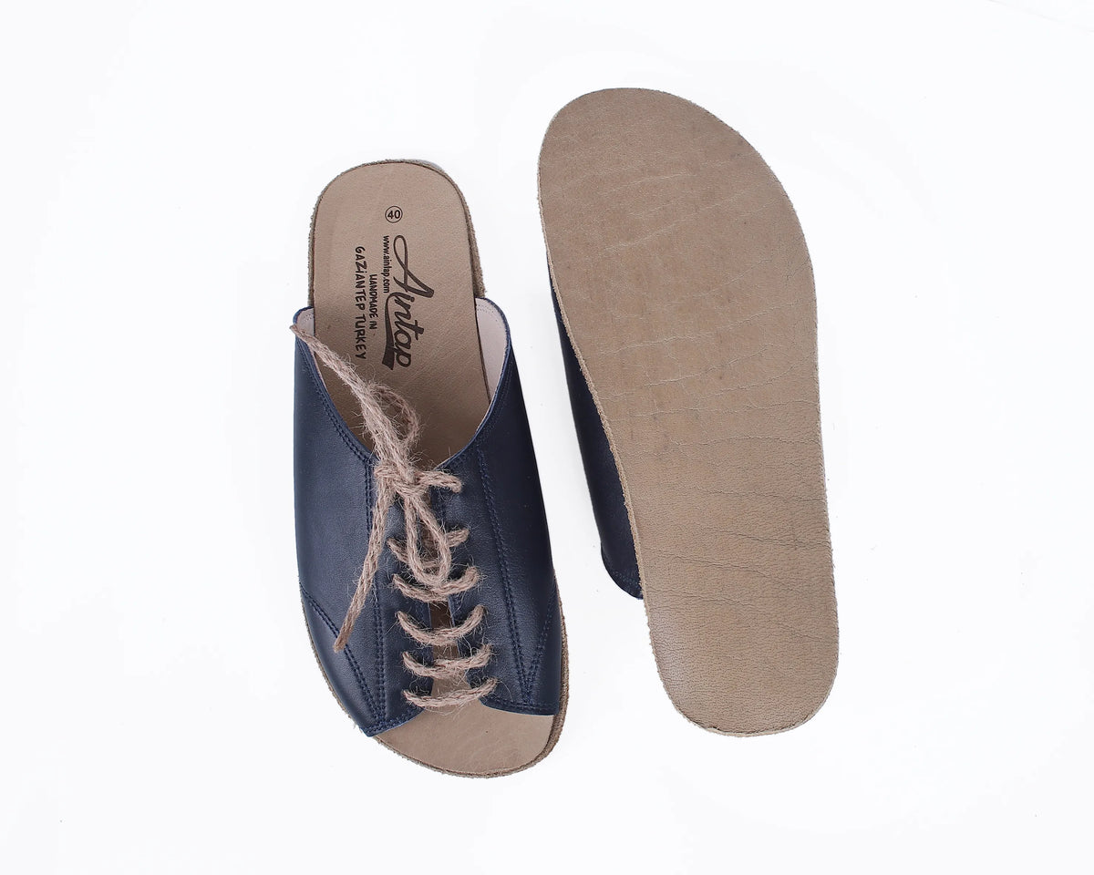 Smooth Barefoot Laces Sandals Shoes – Classic Sole — Leather Sole – Navy Blue