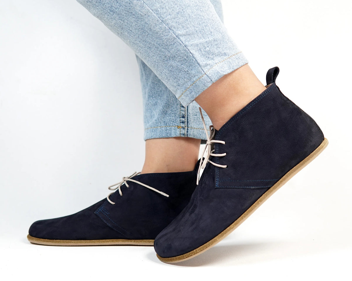 Nubuck Barefoot Bootie Laces Shoes – Classic Sole — Leather Sole – Navy Blue