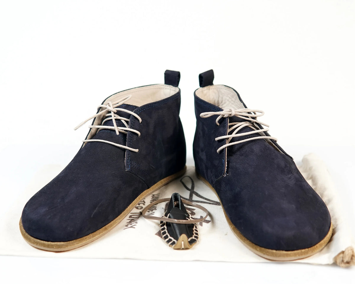 Nubuck Barefoot Bootie Laces Shoes – Classic Sole — Leather Sole – Navy Blue