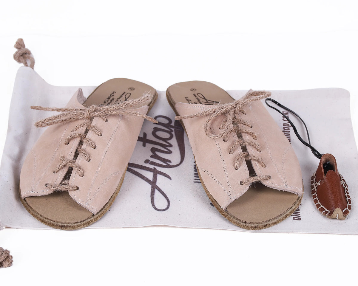 Nubuck Barefoot Laces Sandals Shoes – Classic Sole — Leather Sole – Cream