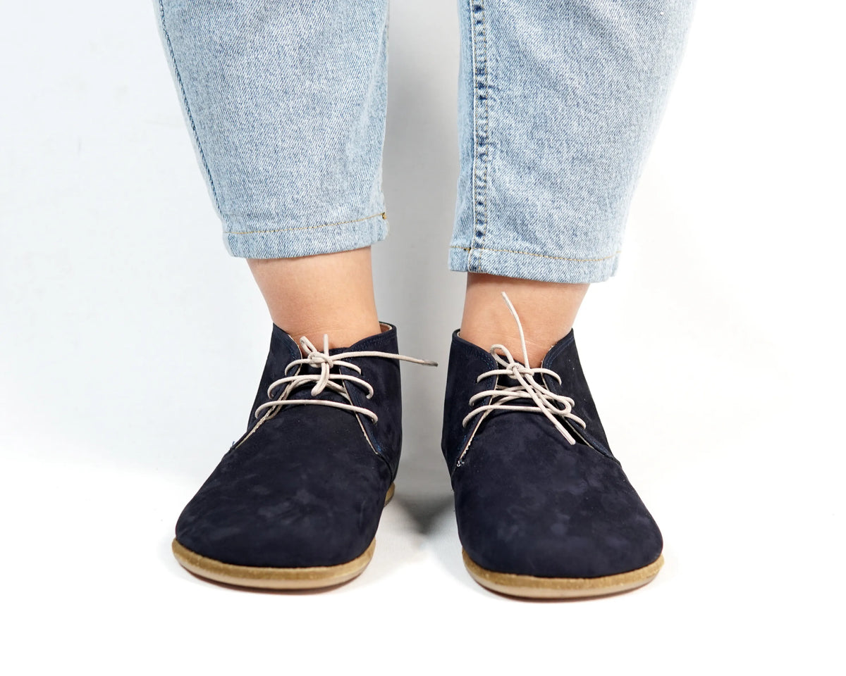 Nubuck Barefoot Bootie Laces Shoes – Classic Sole — Leather Sole – Navy Blue