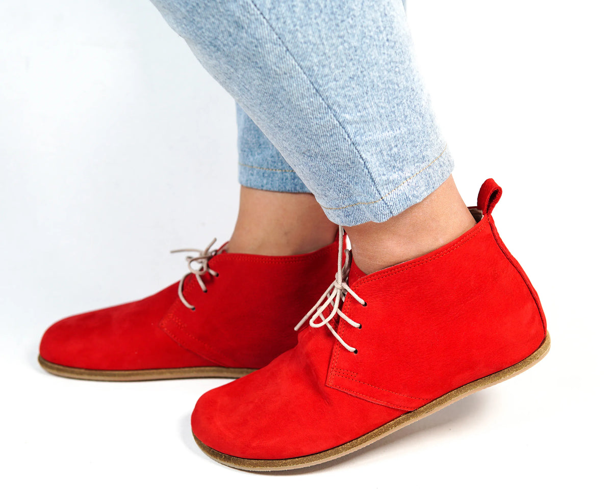 Nubuck Barefoot Bootie Laces Shoes – Classic Sole — Leather Sole – Red