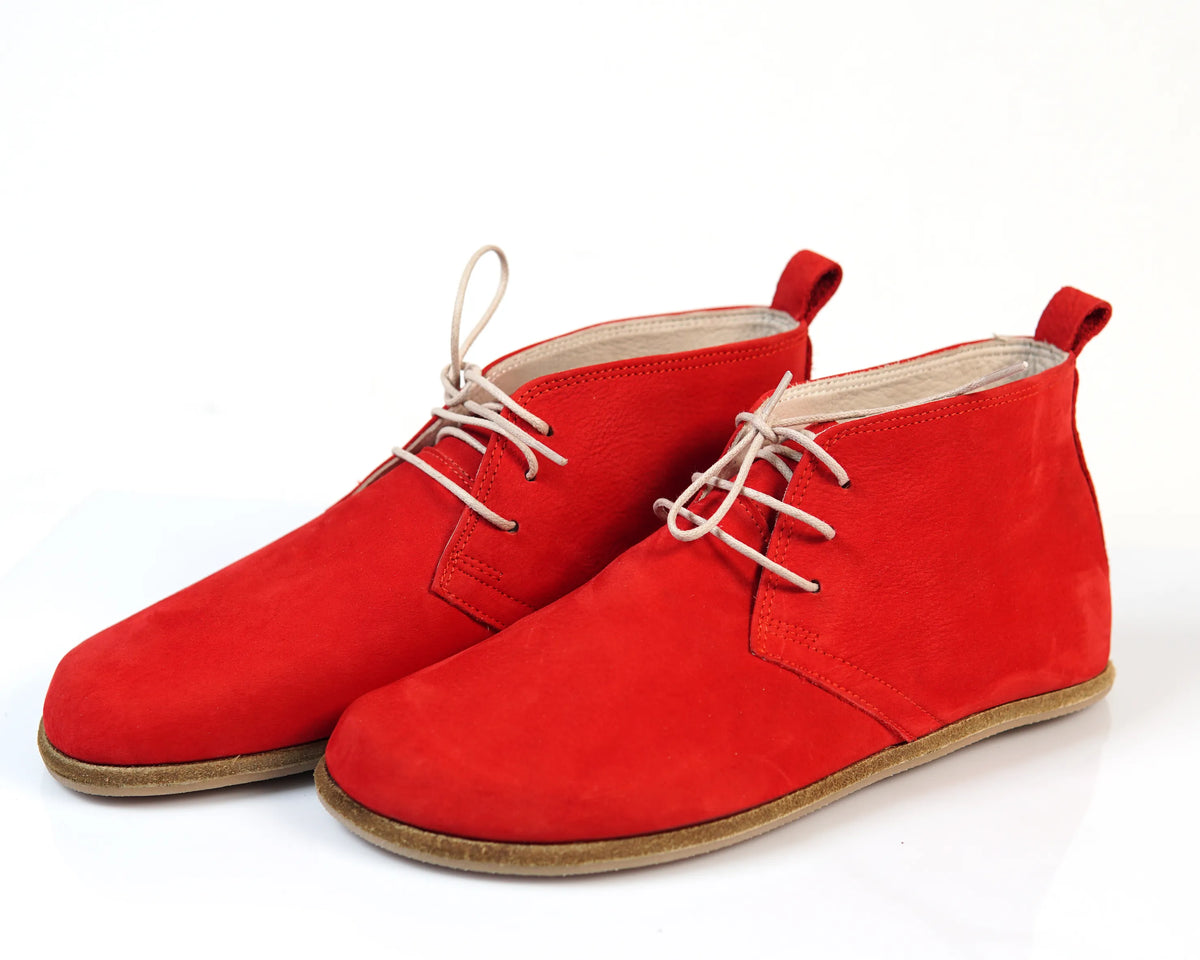 Nubuck Barefoot Bootie Laces Shoes – Classic Sole — Leather Sole – Red
