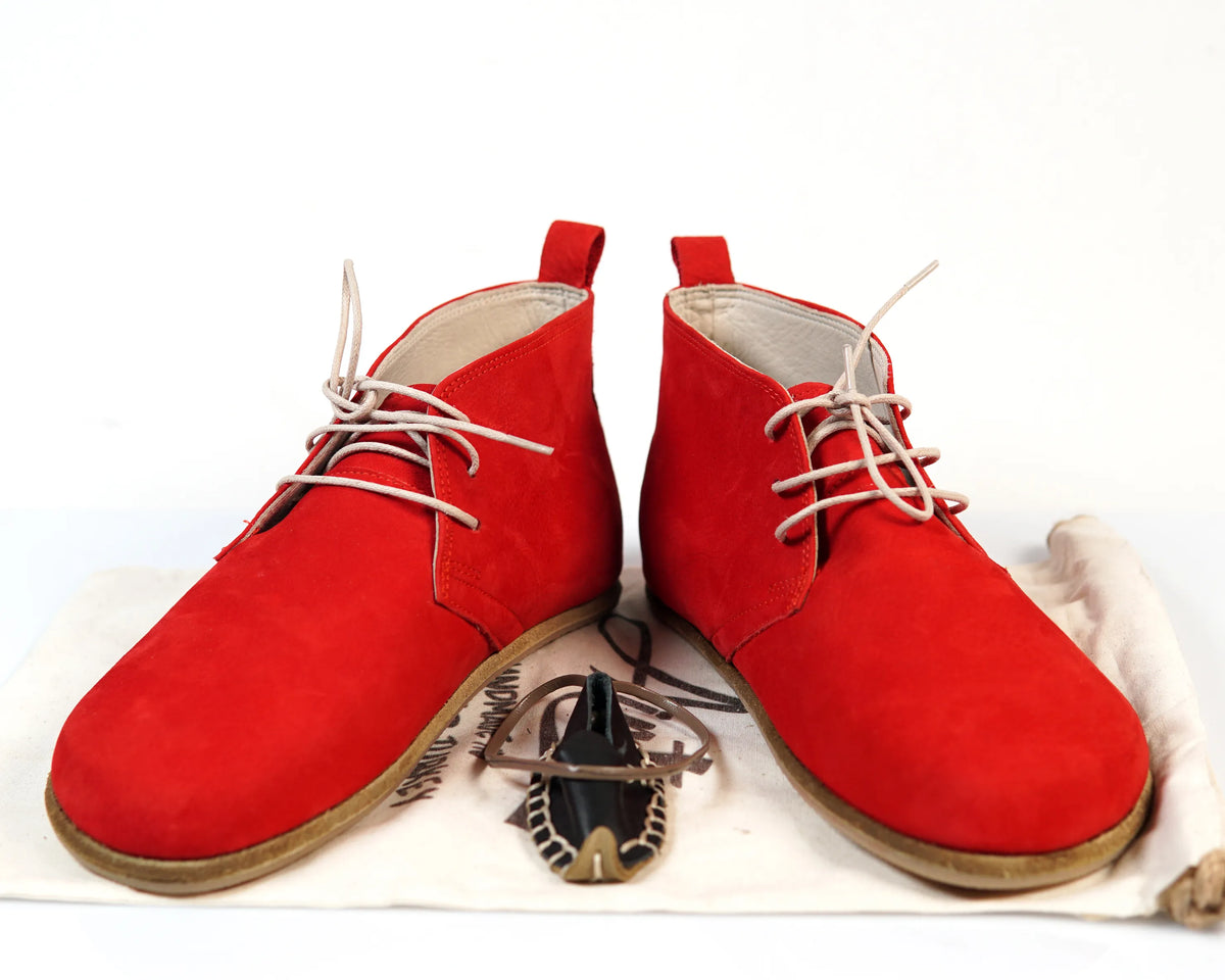 Nubuck Barefoot Bootie Laces Shoes – Classic Sole — Leather Sole – Red