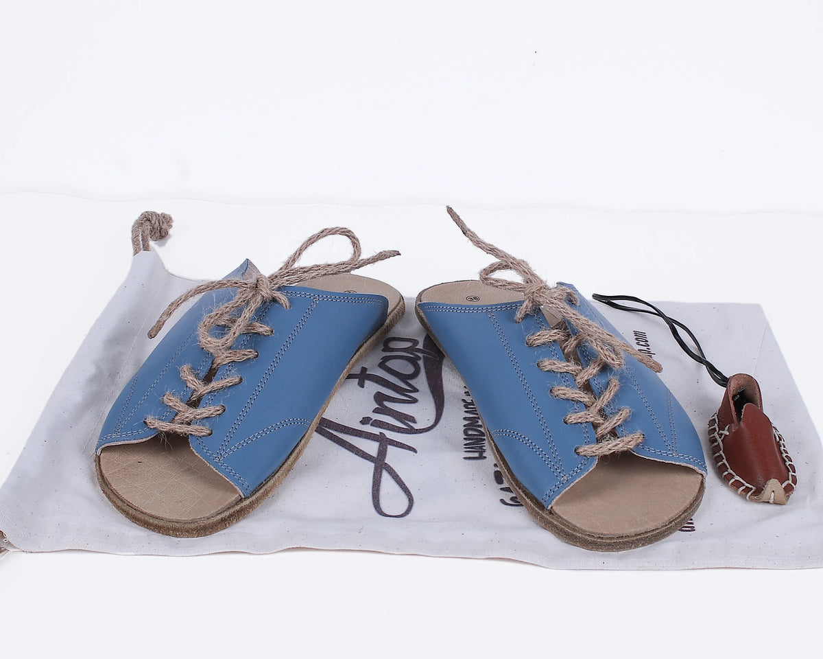 Smooth Barefoot Laces Sandals Shoes – Classic Sole — Leather Sole – Bright Blue