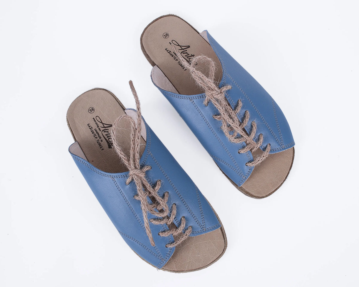 Smooth Barefoot Laces Sandals Shoes – Classic Sole — Leather Sole – Bright Blue