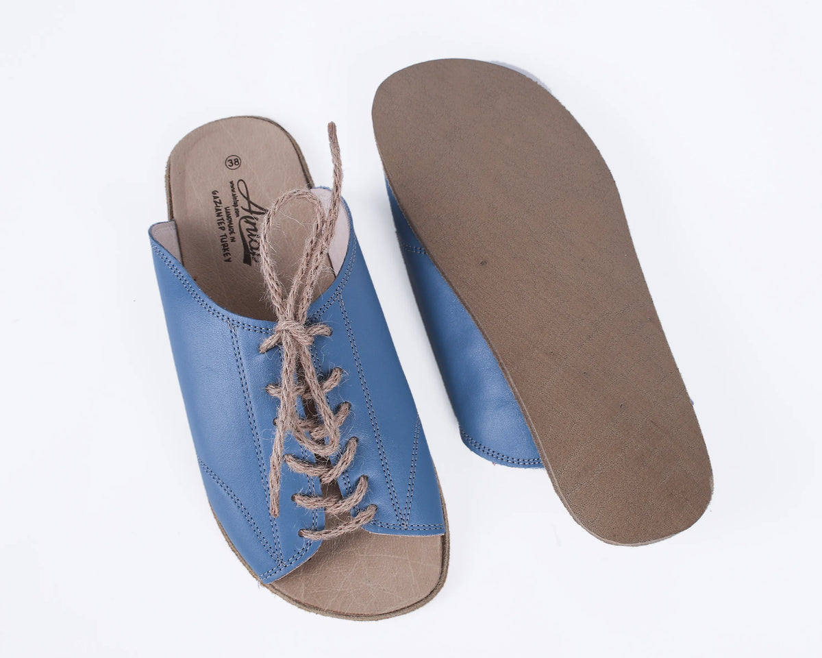 Smooth Barefoot Laces Sandals Shoes – Classic Sole — Leather Sole – Bright Blue