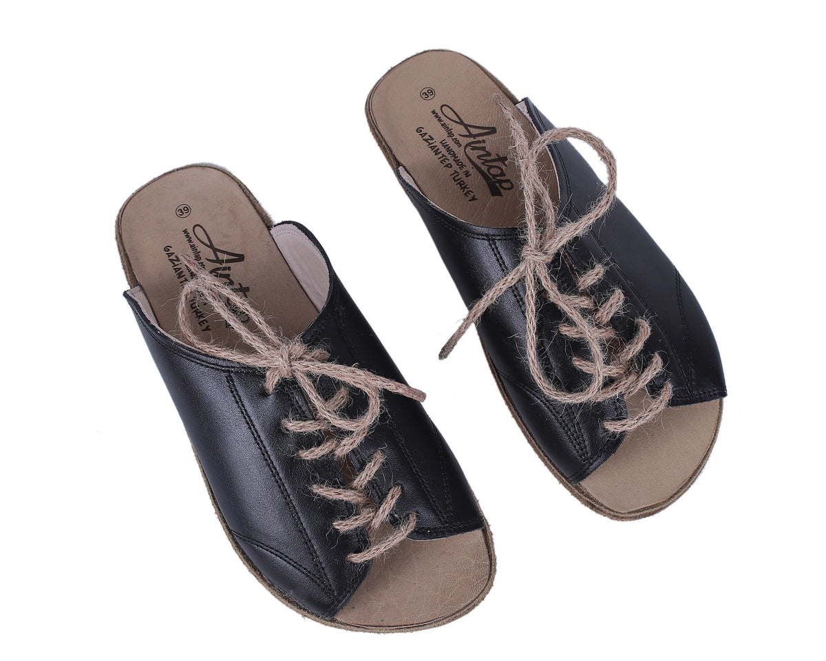 Smooth Barefoot Laces Sandals Shoes – Classic Sole — Leather Sole – Black