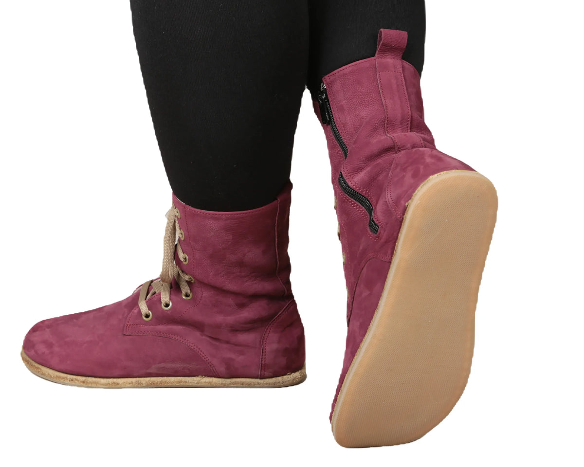 Nubuck Barefoot Long Boots Shoes – Classic Sole — Leather Sole – Burgundy