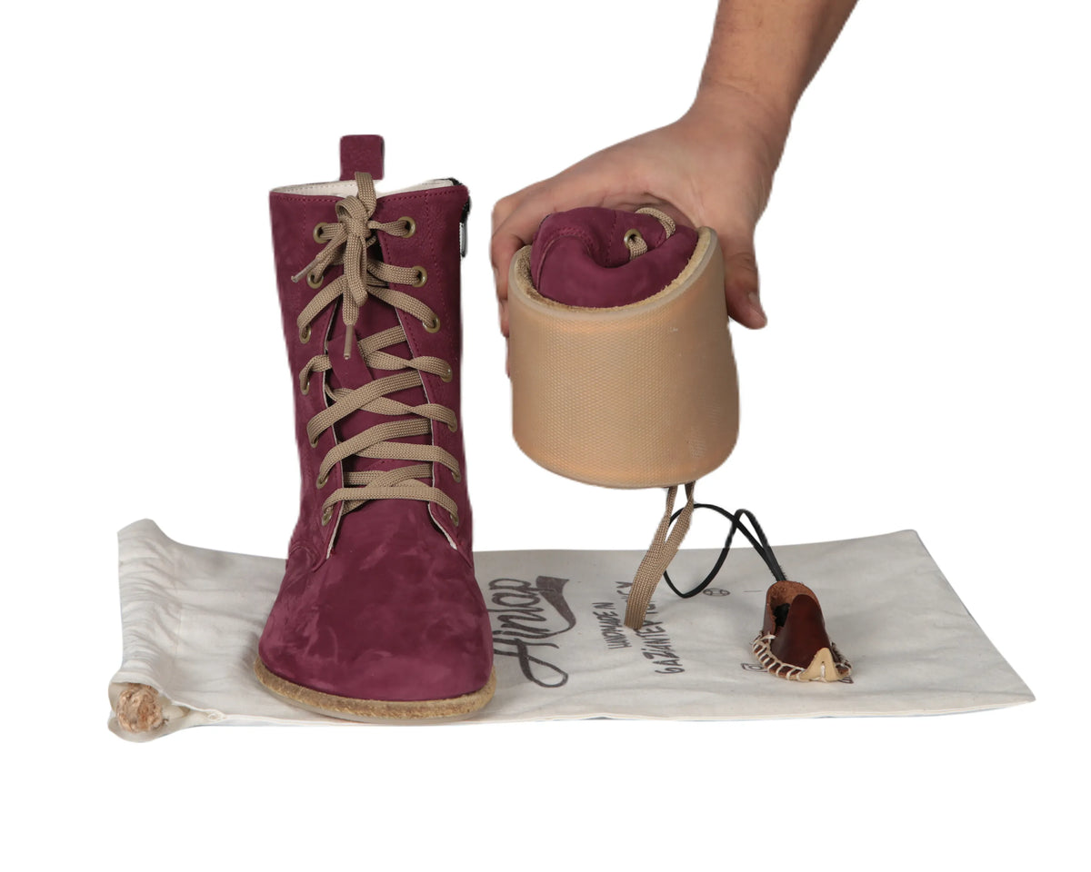 Nubuck Barefoot Long Boots Shoes – Classic Sole — Leather Sole – Burgundy