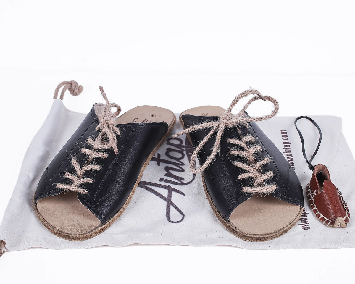 Smooth Barefoot Laces Sandals Shoes – Classic Sole — Leather Sole – Black
