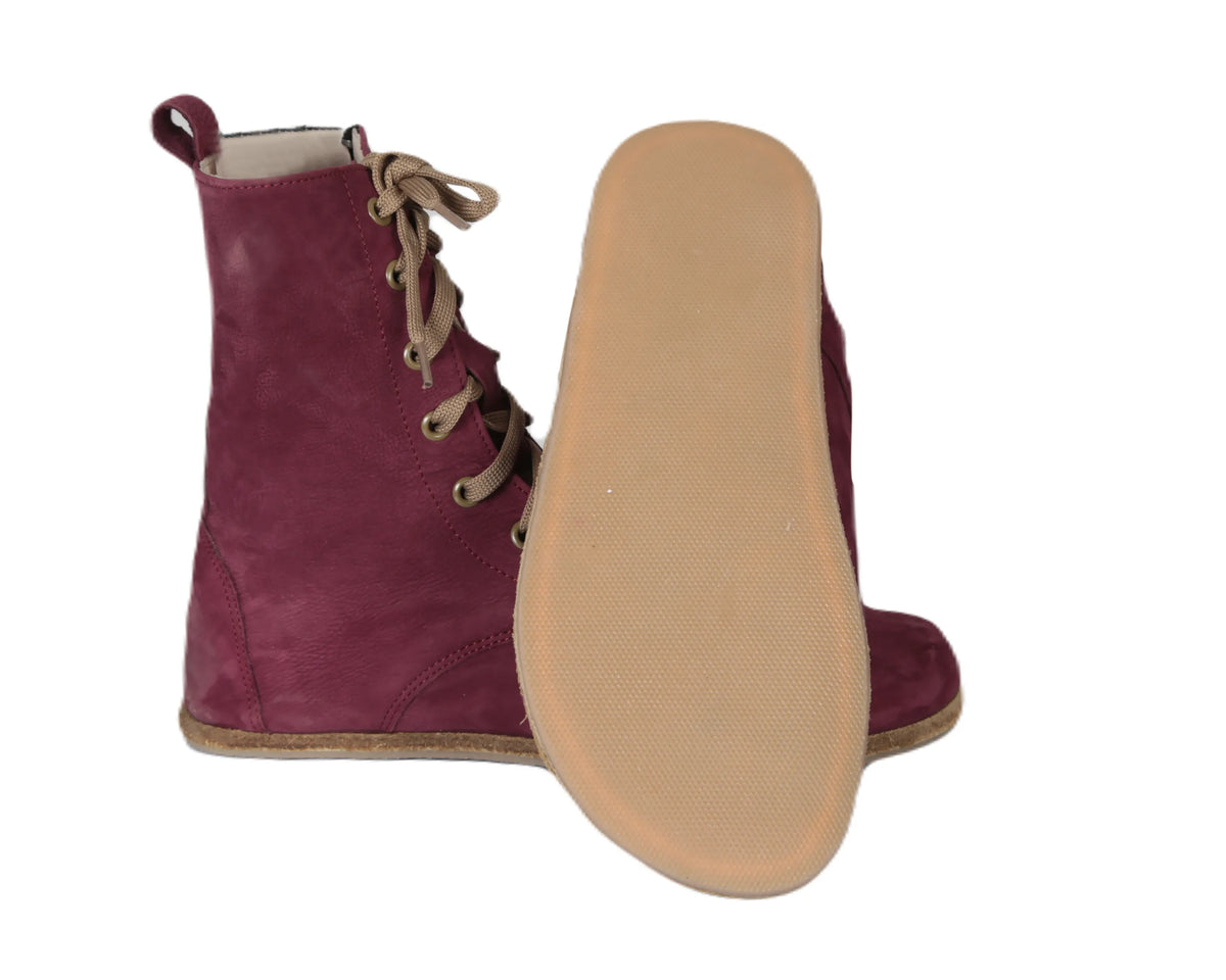 Nubuck Barefoot Long Boots Shoes – Classic Sole — Leather Sole – Burgundy