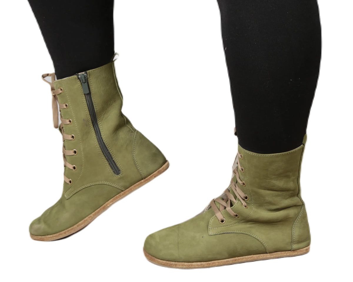 Nubuck Barefoot Long Boots Shoes – Classic Sole — Leather Sole – Green