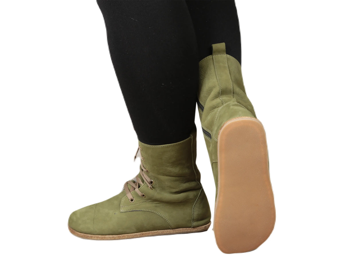 Nubuck Barefoot Long Boots Shoes – Classic Sole — Leather Sole – Green