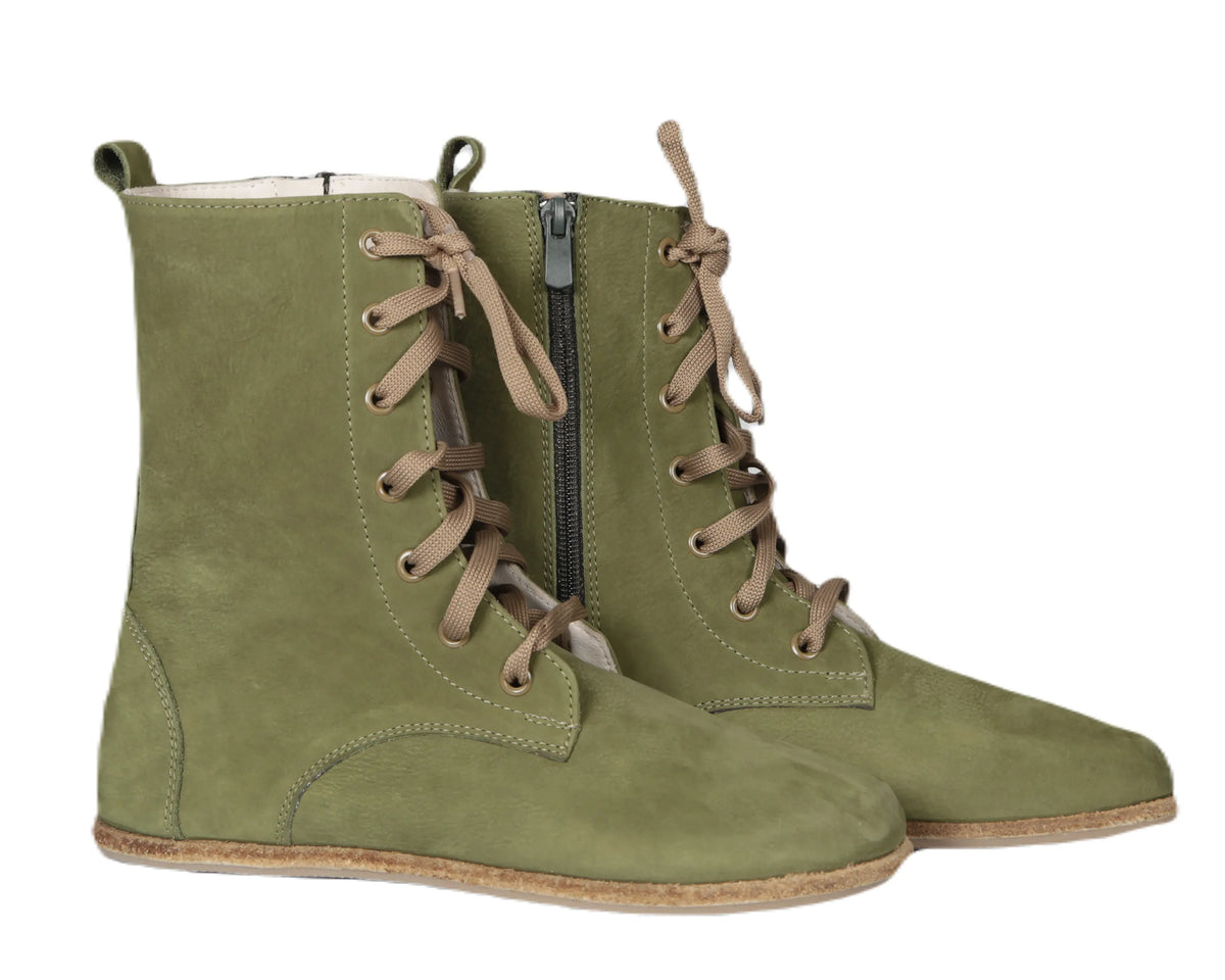 Nubuck Barefoot Long Boots Shoes – Classic Sole — Leather Sole – Green