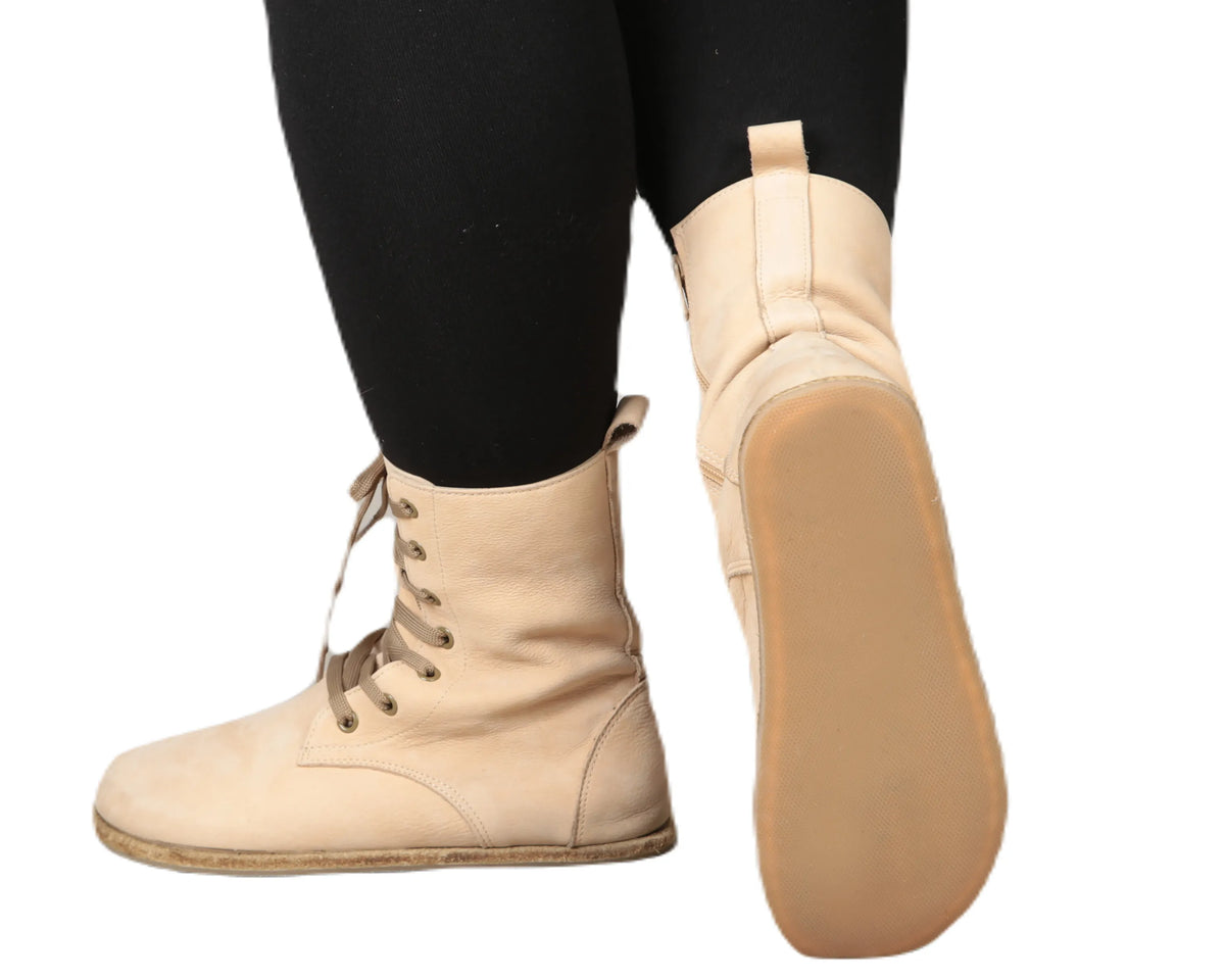 Nubuck Barefoot Long Boots Shoes – Classic Sole — Leather Sole – Cream
