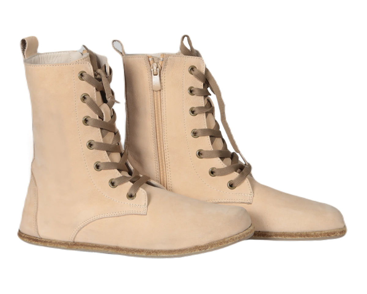 Nubuck Barefoot Long Boots Shoes – Classic Sole — Leather Sole – Cream