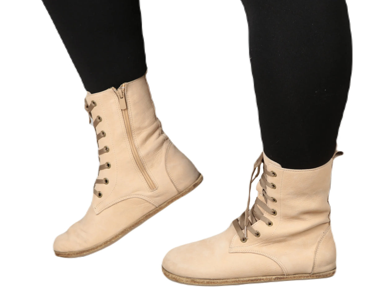 Nubuck Barefoot Long Boots Shoes – Classic Sole — Leather Sole – Cream