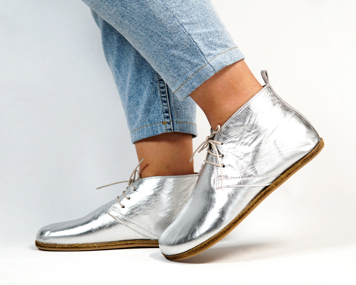 Bright Barefoot Bootie Leather Shoes – Classic Sole — Leather Sole – Silver