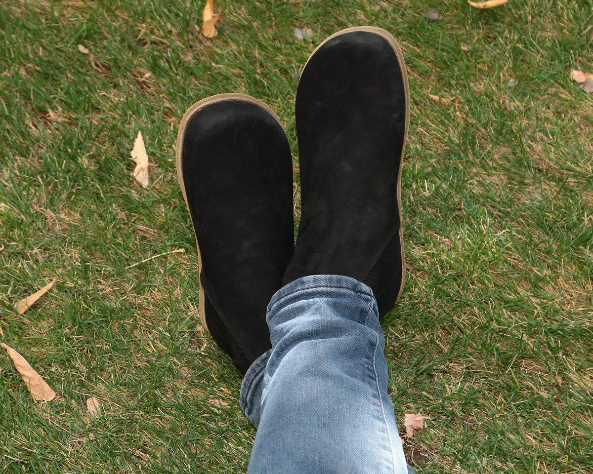 Nubuck Barefoot Chelsea Boots Shoes – Classic Sole — Leather Sole – Black