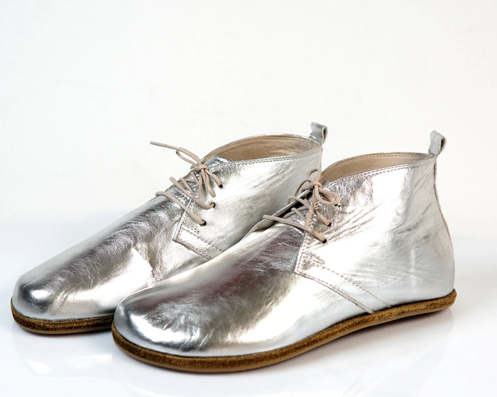 Bright Barefoot Bootie Leather Shoes – Classic Sole — Leather Sole – Silver