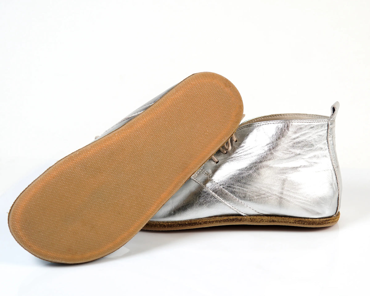 Bright Barefoot Bootie Leather Shoes – Classic Sole — Leather Sole – Silver