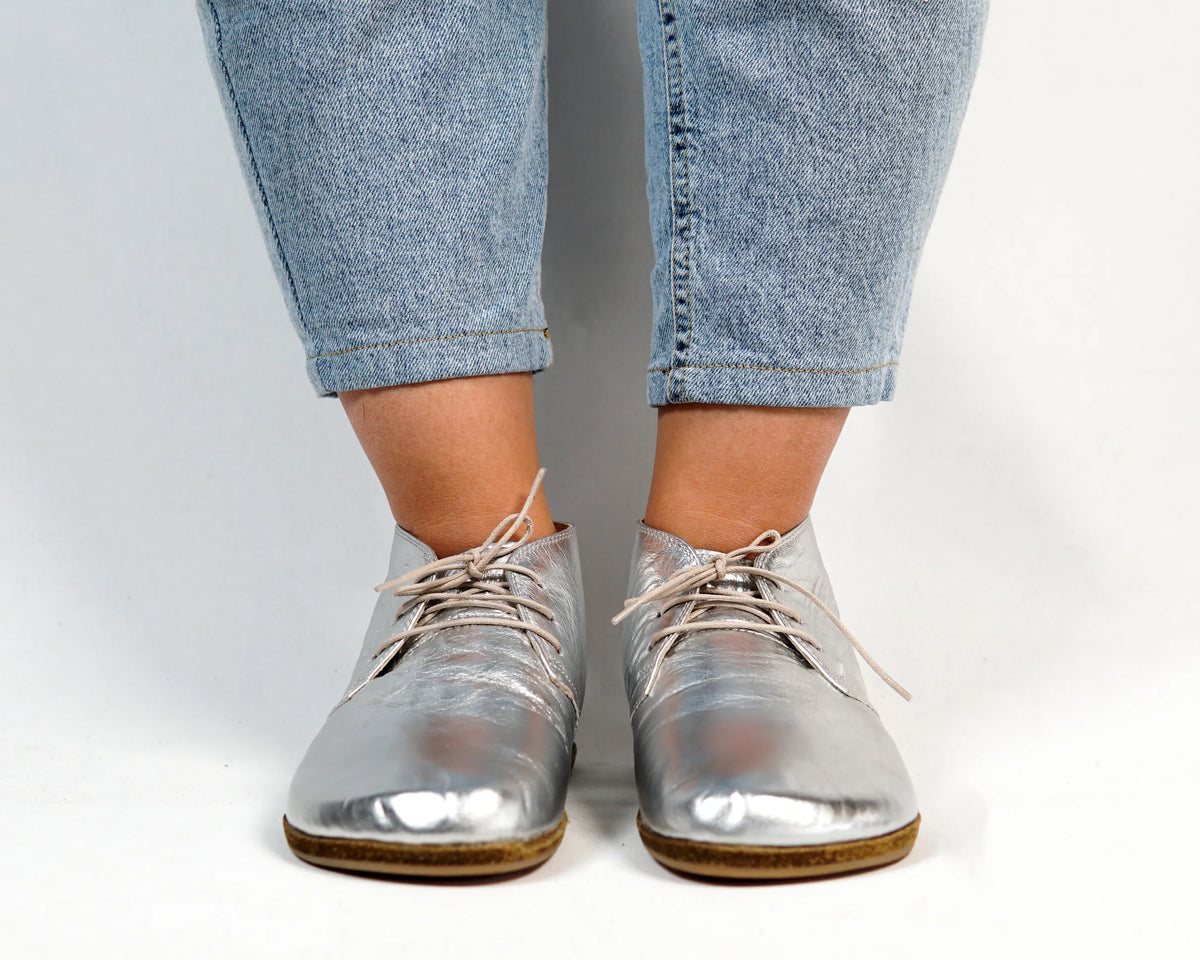 Bright Barefoot Bootie Leather Shoes – Classic Sole — Leather Sole – Silver